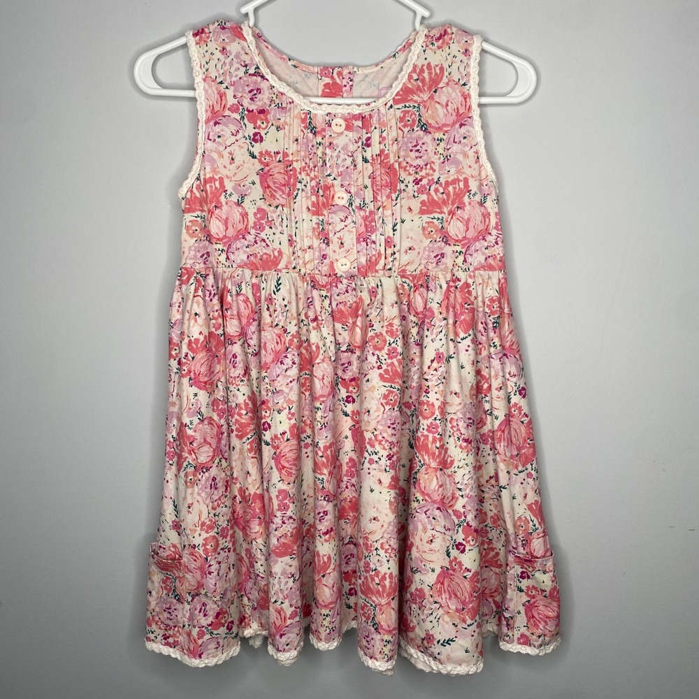 Sweet Honey Girls Pink Floral‎ Lace Trim Sleeveless Pocket Dress Size 12Y